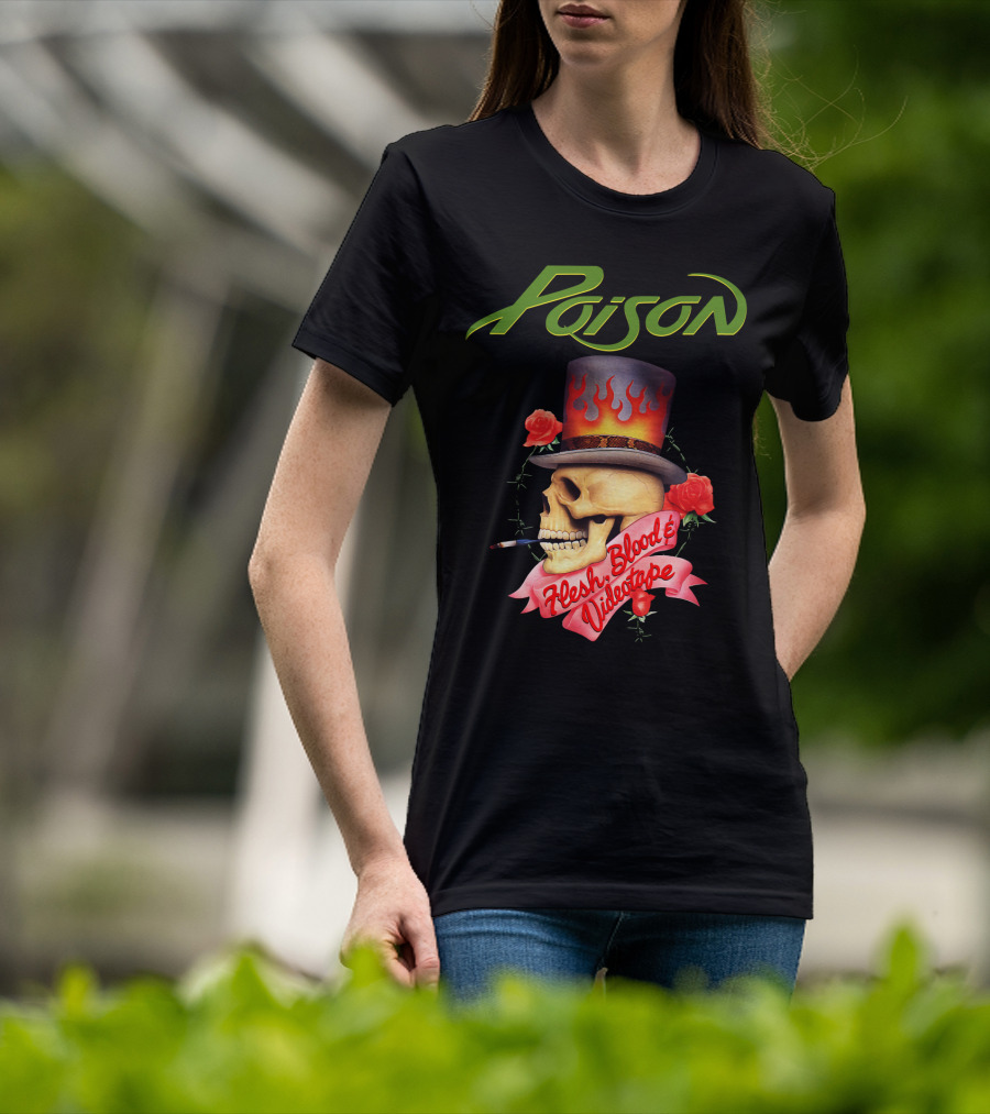 Poison Flesh Blood & Videotape Skull With Roses And Cigarette T-Shirt