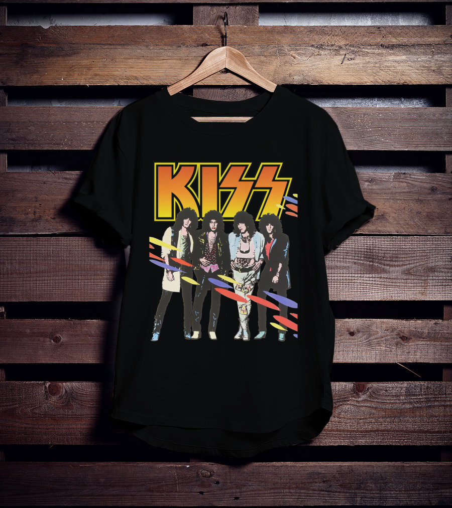 Kiss Band Retro Look With Colorful Stripes T-Shirt