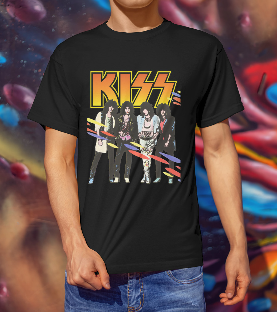 Kiss Band Retro Look With Colorful Stripes T-Shirt