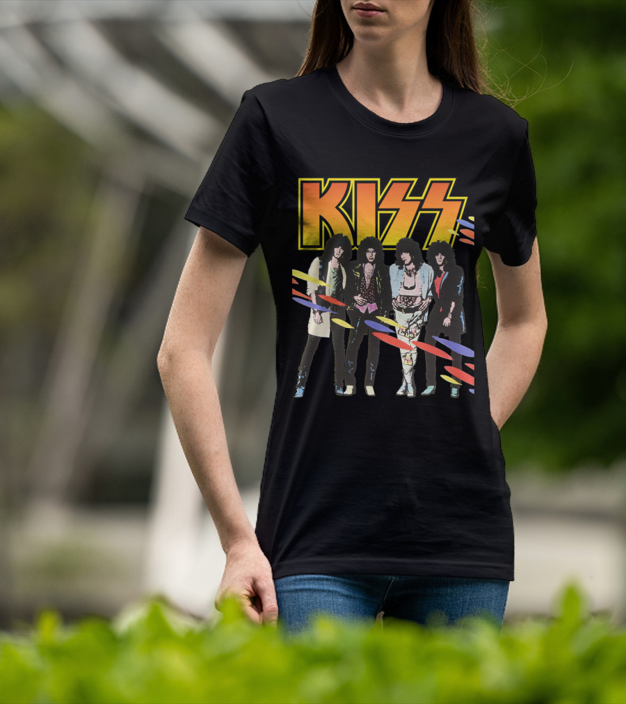 Kiss Band Retro Look With Colorful Stripes T-Shirt