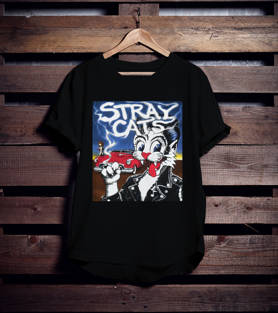 Stray Cats Rockabilly Band Retro Art With Cat Smoking In Leather Jacket T-Shirt