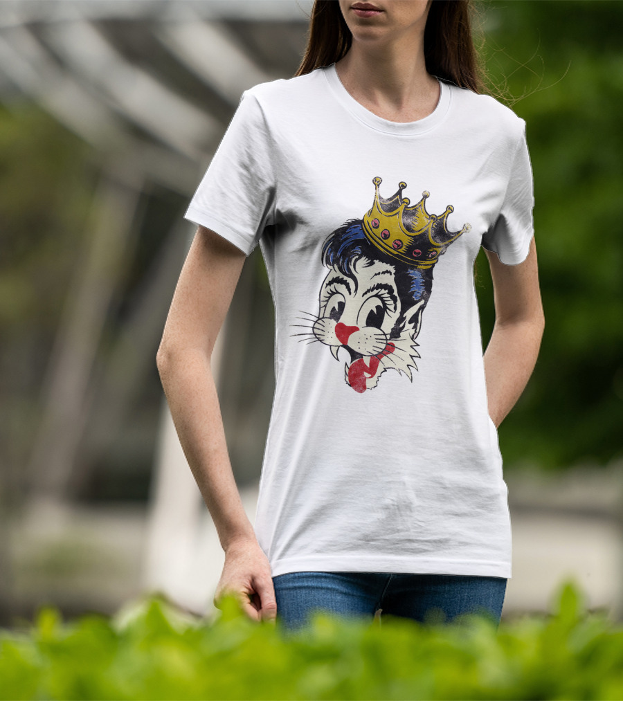 Crowned Cartoon Cat With Heart-Shaped Nose And Whiskers T-Shirt