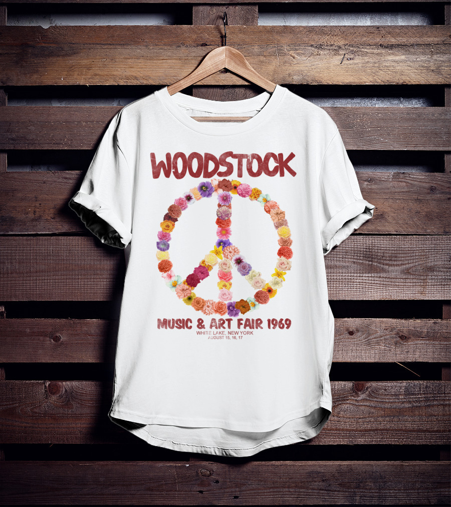 Woodstock Music & Art Fair 1969 Peace Symbol Flowers White Lake New York August T-Shirt