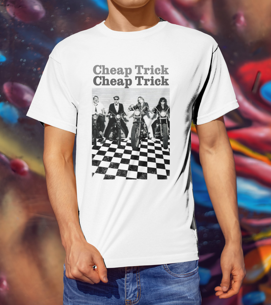 Cheap Trick Band Vintage Motorcycle Checkerboard T-Shirt