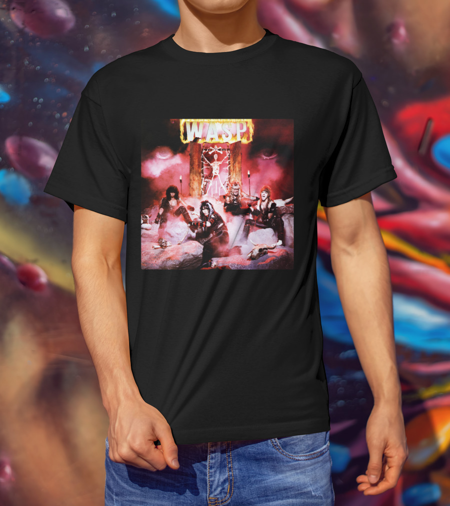 Wasp Burning Cross Skull Imagery Band Poster T-Shirt