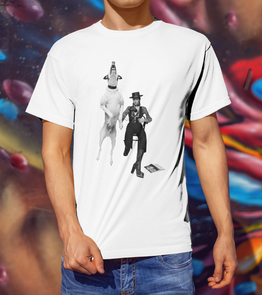 High Jumping Dog And Stylish Figure In Western Attire T-Shirt