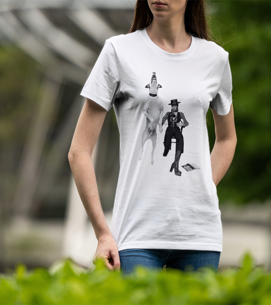 High Jumping Dog And Stylish Figure In Western Attire T-Shirt