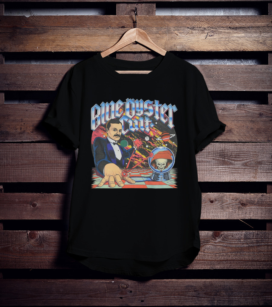 Blue Öyster Cult Science Fiction Cosmic Man And Alien Skull Planets T-Shirt