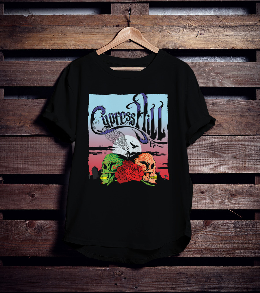 Cypress Hill Two Skulls And Roses With Moon And Raven T-Shirt