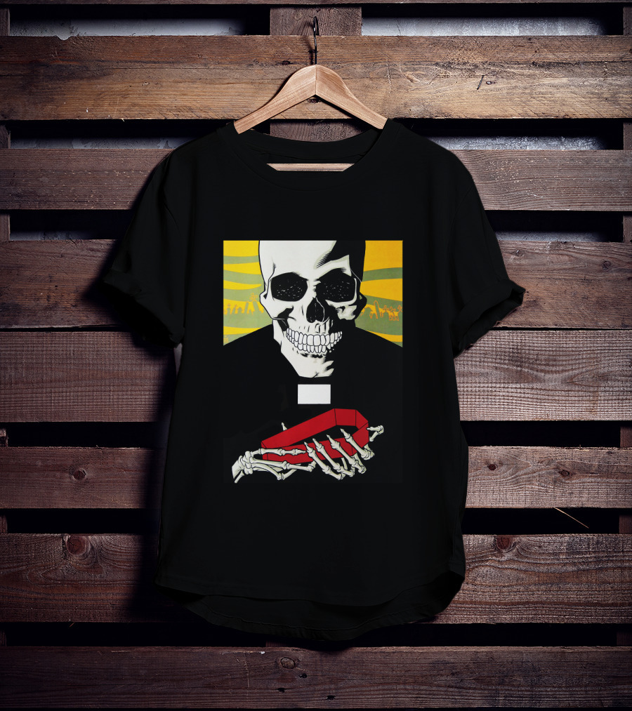 Bold Skeleton With Red Coffin On Striped Yellow T-Shirt