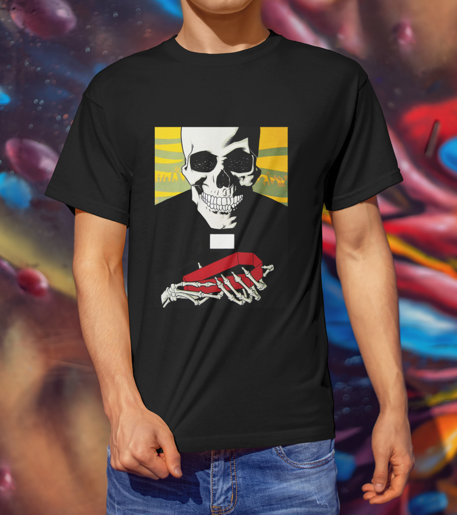 Bold Skeleton With Red Coffin On Striped Yellow T-Shirt