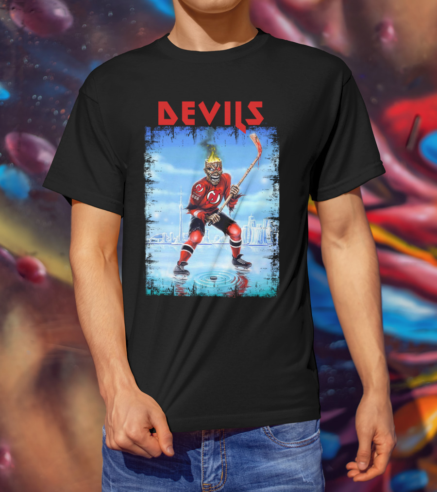 New Jersey Devils Hockey Fiery Demon Skater 666 City Skyline T-Shirt