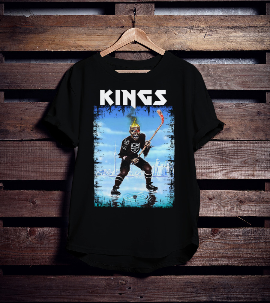 Kings Los Angeles Hockey Fiery Skull Player Ice Skating Scene T-Shirt