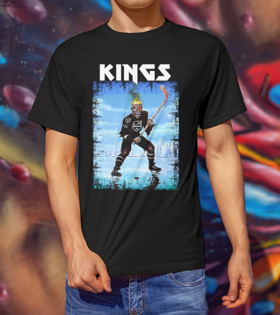 Kings Los Angeles Hockey Fiery Skull Player Ice Skating Scene T-Shirt