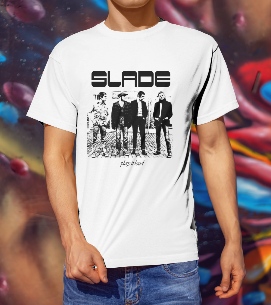 Slade Play It Loud Band Members Black And White Group Photo T-Shirt