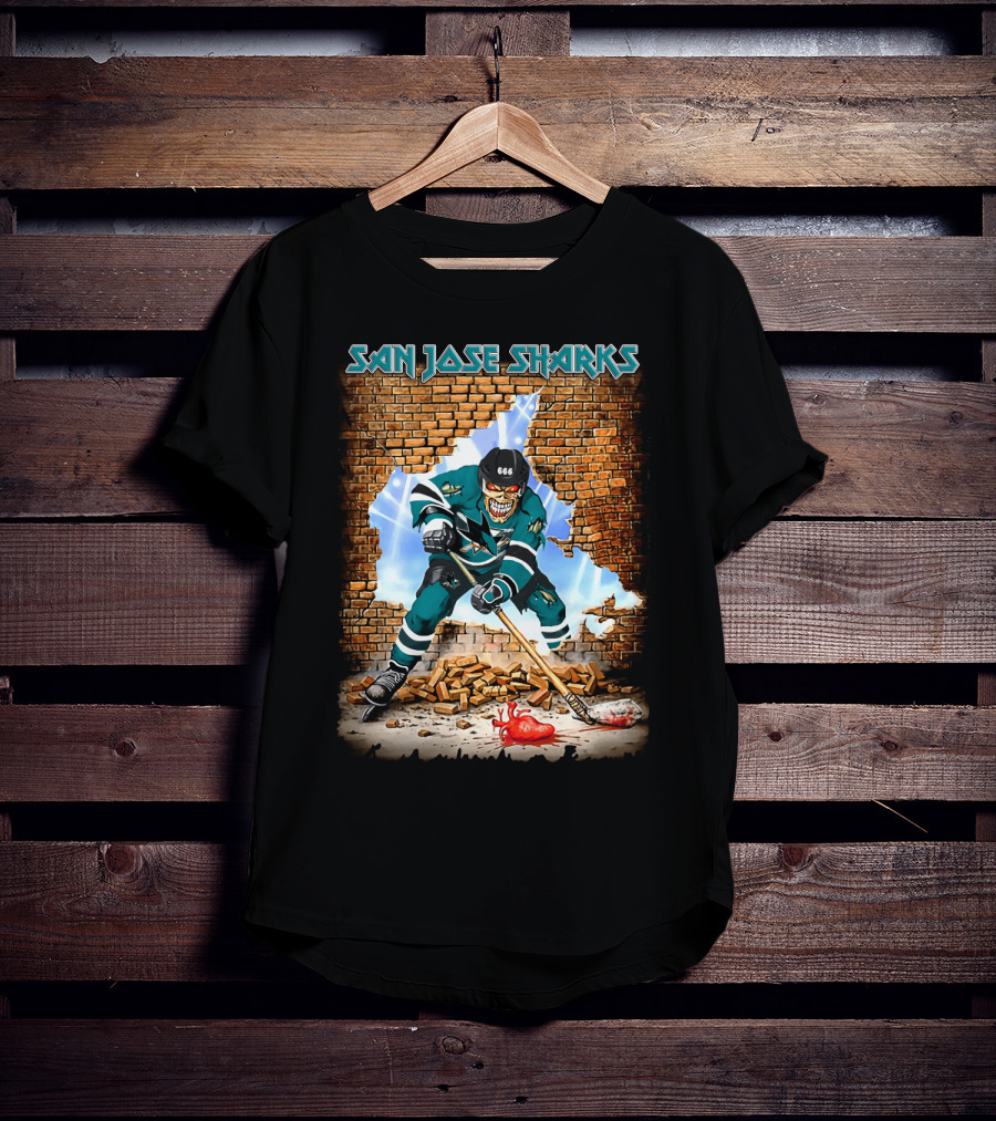 San Jose Sharks Skeleton Hockey Player Breaking Brick Wall T-Shirt
