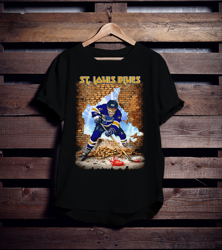 St. Louis Blues Hockey Skeleton Breaking Brick Wall T-Shirt