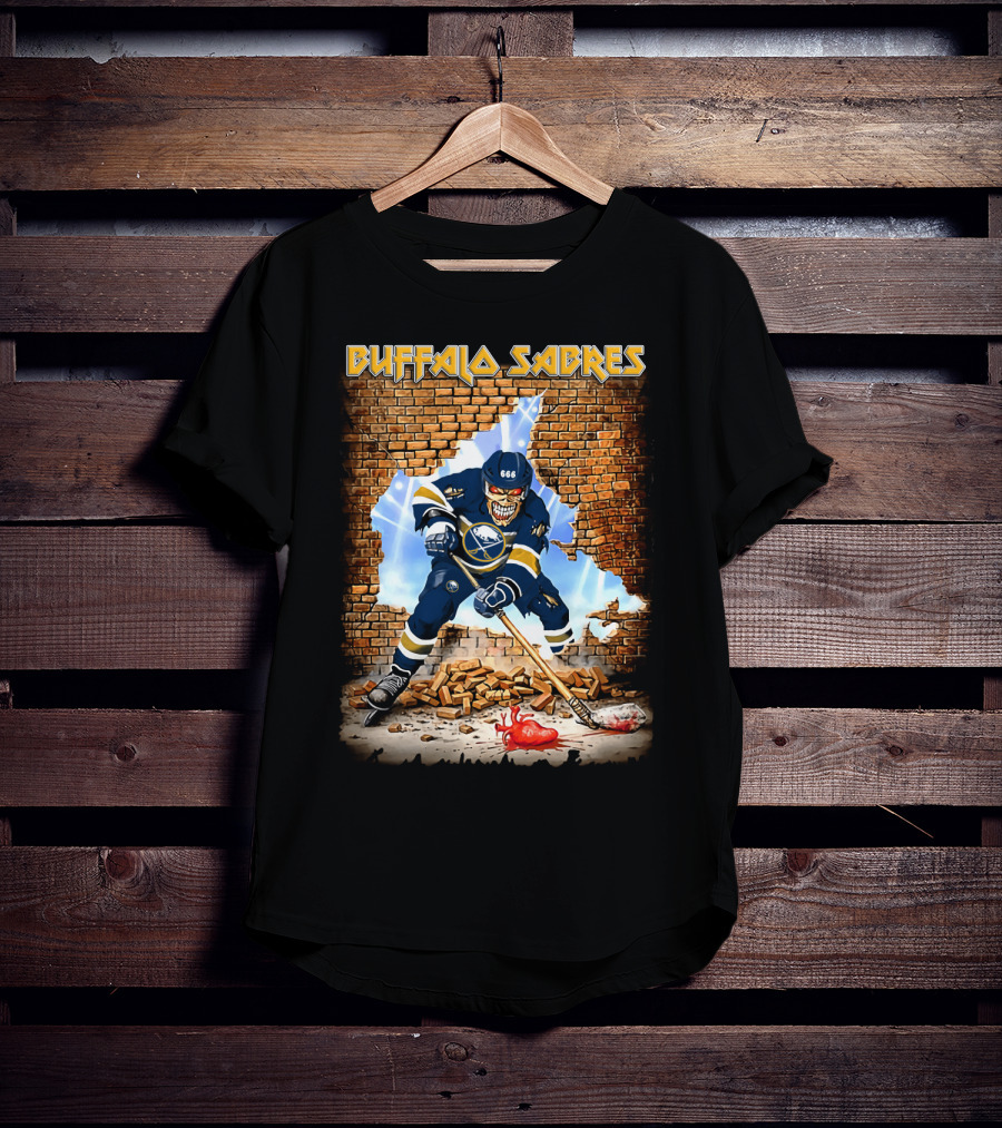 Buffalo Sabres Hockey Skeleton Breaking Wall With Puck And Heart T-Shirt