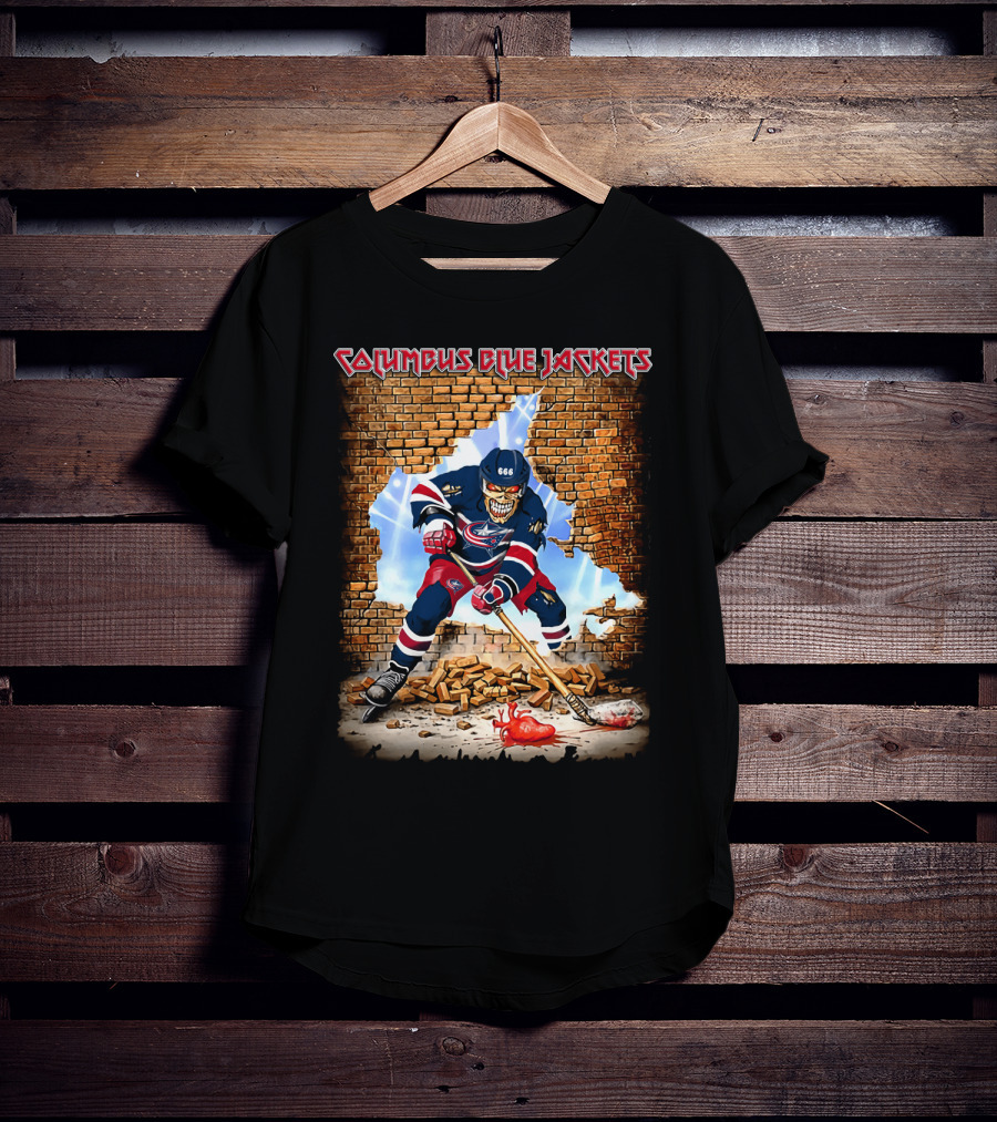 Columbus Blue Jackets Breaking Through Hockey Skeleton T-Shirt