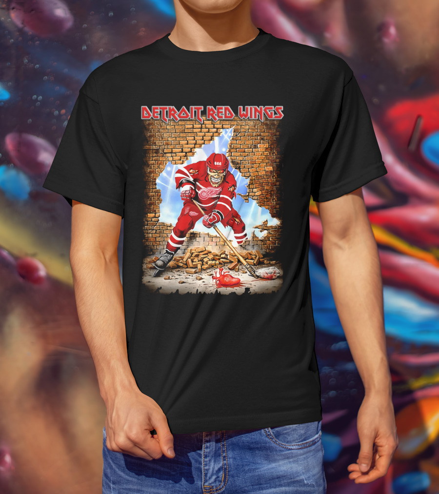 Detroit Red Wings Hockey Skeleton Brick Wall Breakthrough T-Shirt