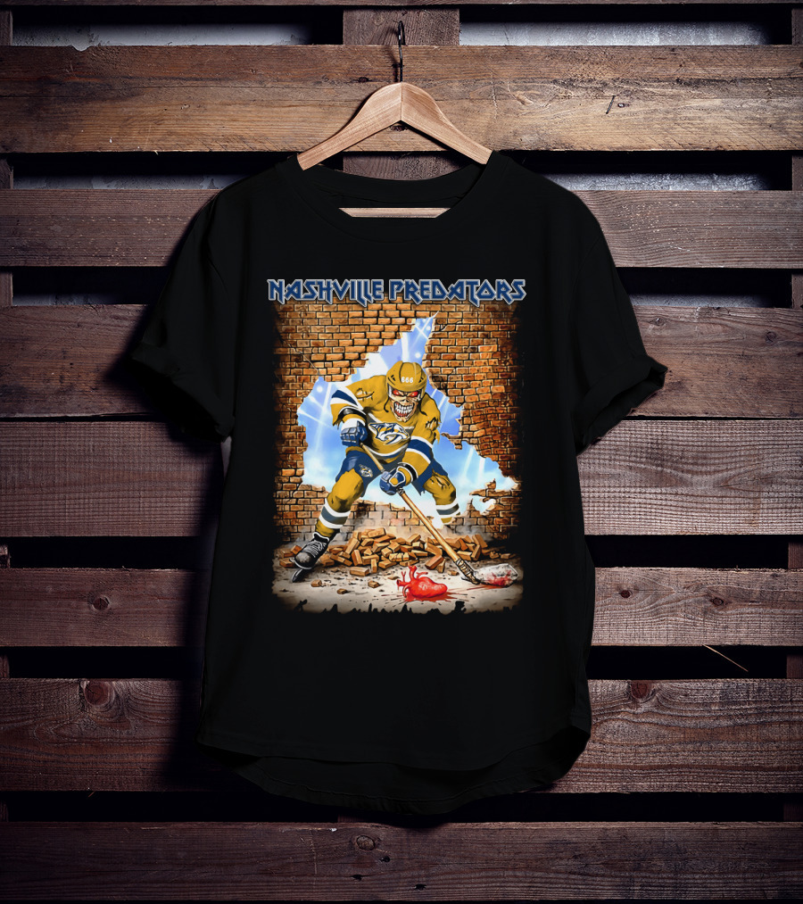 Nashville Predators Hockey Player Smashing Through Brick Wall With Heart And Lightning T-Shirt