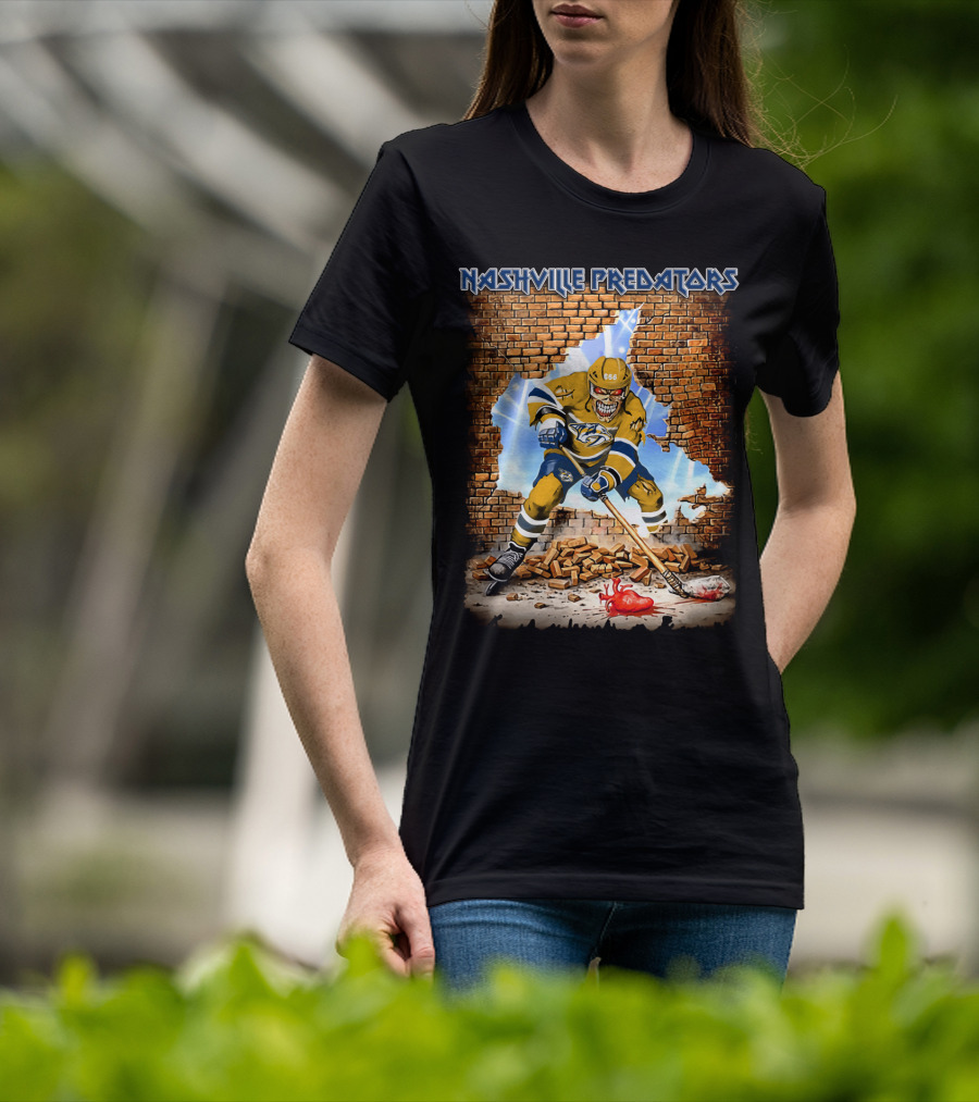 Nashville Predators Hockey Player Smashing Through Brick Wall With Heart And Lightning T-Shirt