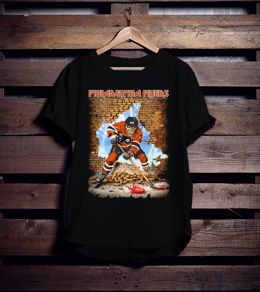 Philadelphia Flyers Skeleton Hockey Player Breaking Wall T-Shirt