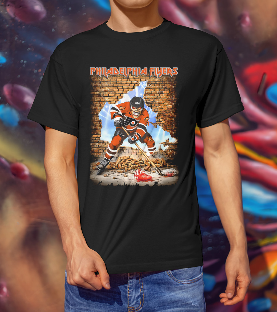 Philadelphia Flyers Skeleton Hockey Player Breaking Wall T-Shirt