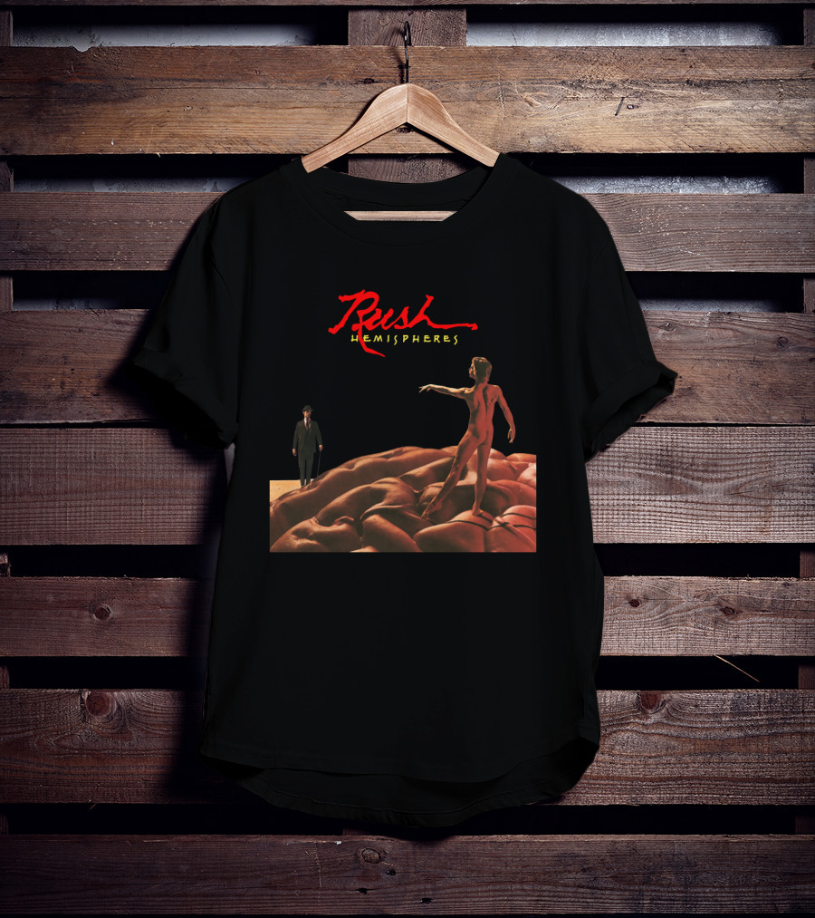 Rush Hemispheres Red Text Nude Figure On Brain With Man In Black Suit T-Shirt