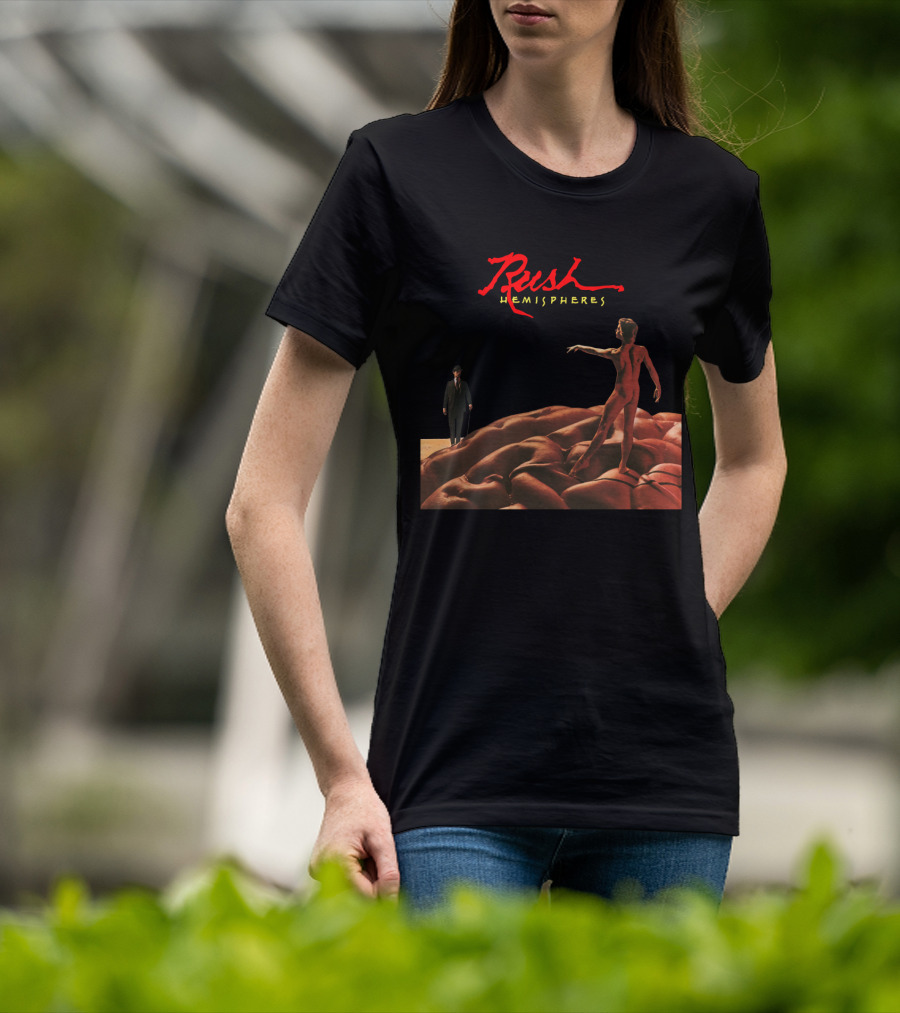 Rush Hemispheres Red Text Nude Figure On Brain With Man In Black Suit T-Shirt