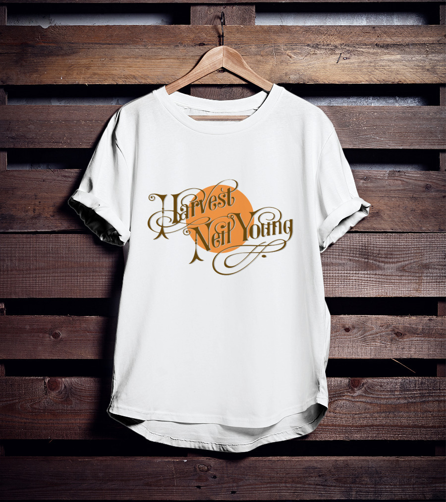 Neil Young Harvest Vintage Script Text With Orange Circle T-Shirt