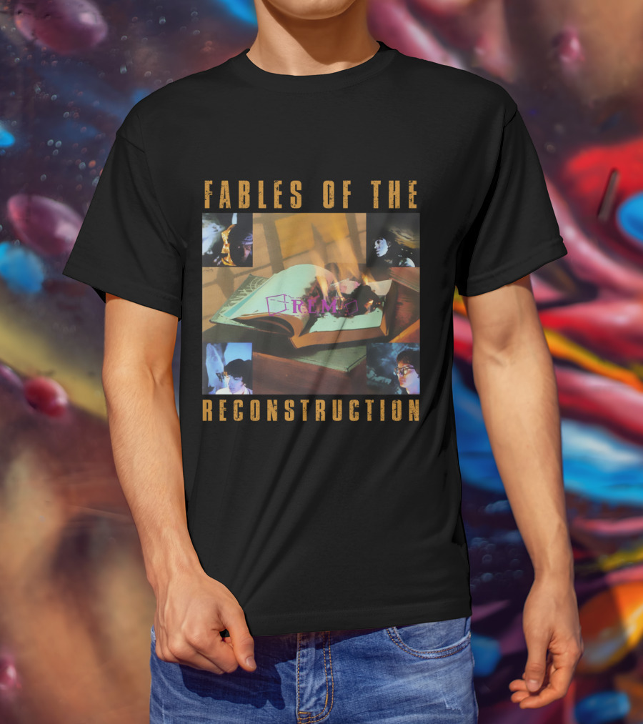 Fables Of The Reconstruction R.e.m Open Book With Burning Pages And Portraits T-Shirt