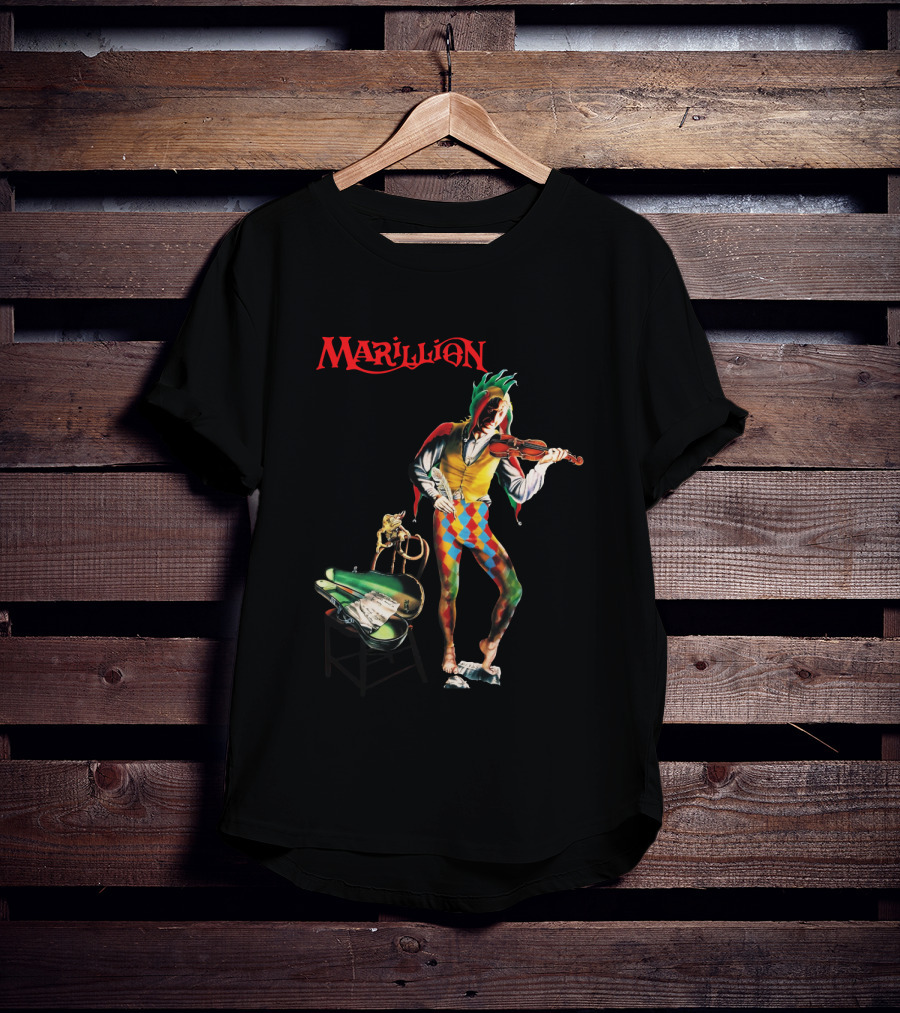 Marillion Script For A Jester's Tear Violin Playing Jester With Sheet Music And Harlequin Colors T-Shirt
