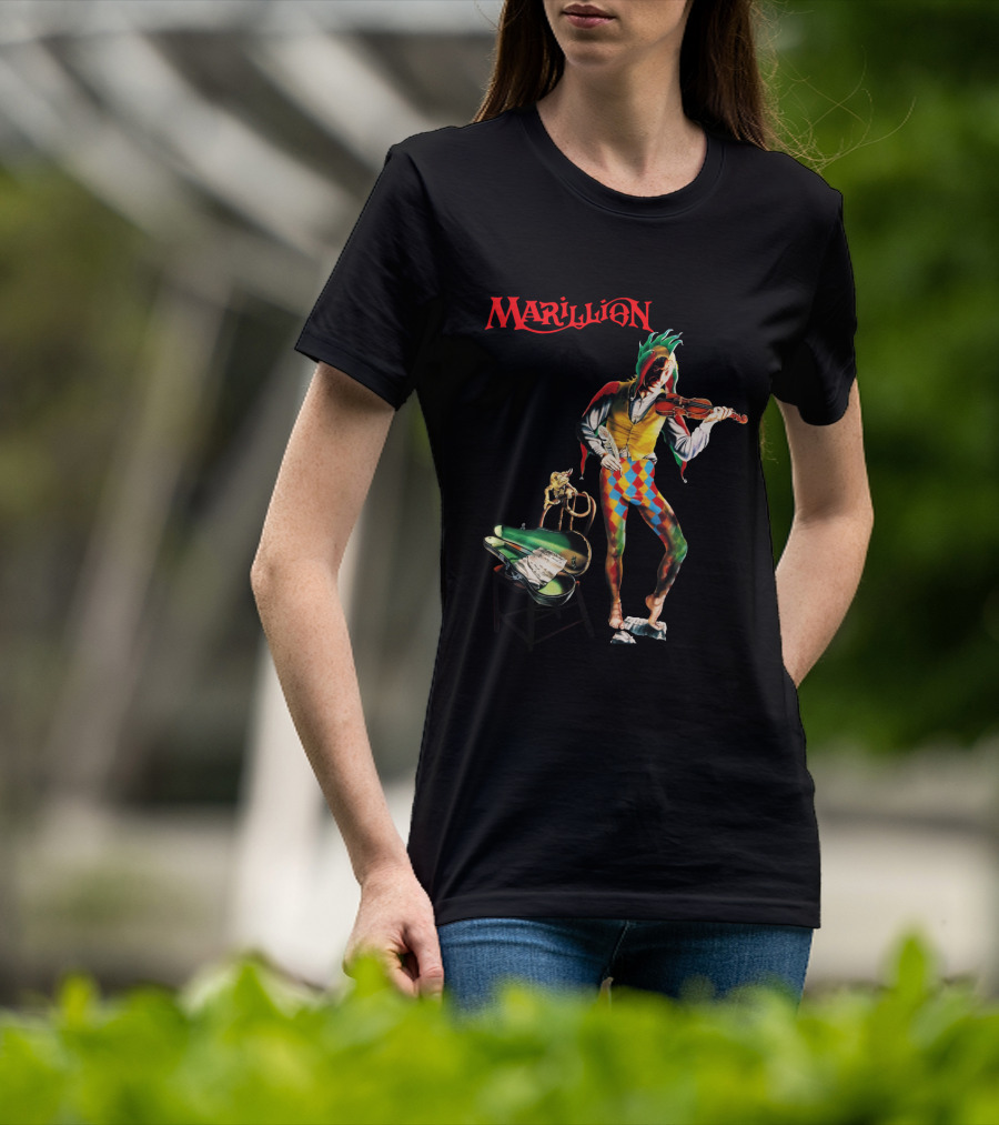 Marillion Script For A Jester's Tear Violin Playing Jester With Sheet Music And Harlequin Colors T-Shirt