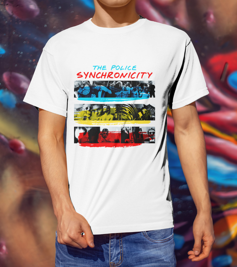 The Police Synchronicity Album Cover Art Blue Yellow Red Stripes T-Shirt