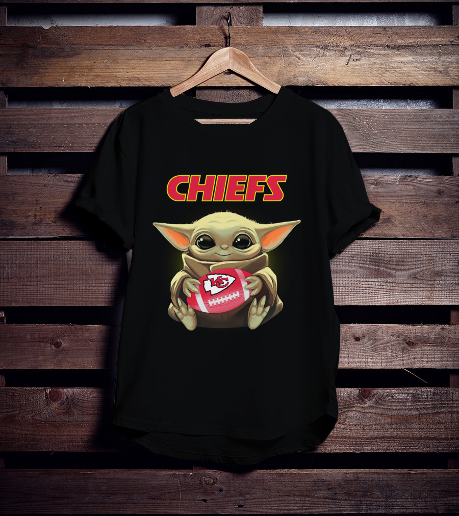 Chiefs Baby Yoda Holding Kansas City Football T-Shirt