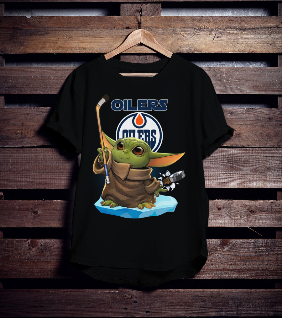 Oilers Baby Yoda Holding Hockey Stick And Puck On Ice T-Shirt