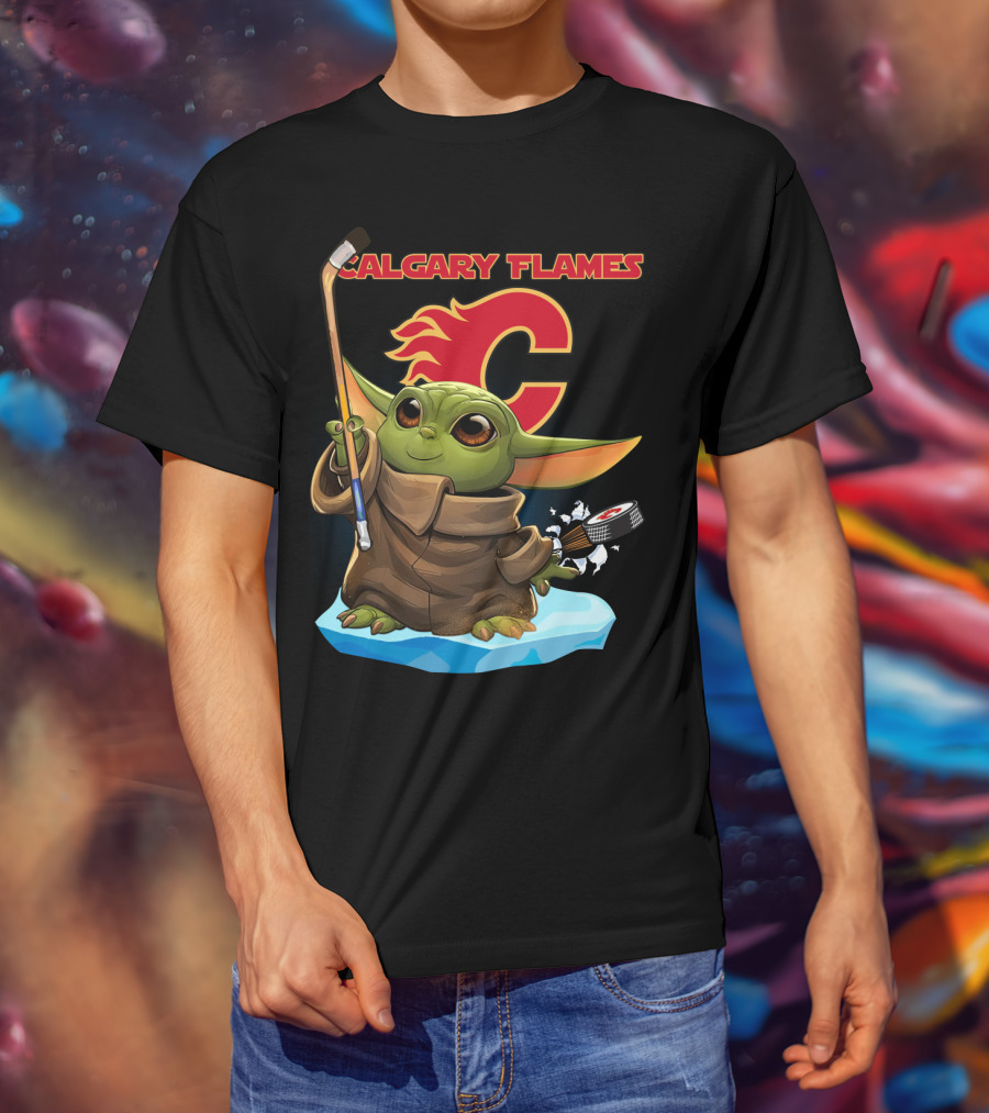 Calgary Flames Baby Yoda Nhl Hockey Crossover T-Shirt