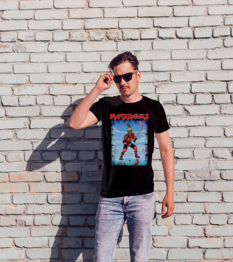 Blackhawks Chicago Ice Hockey Skeleton Figure Skating On Cityscape T-Shirt