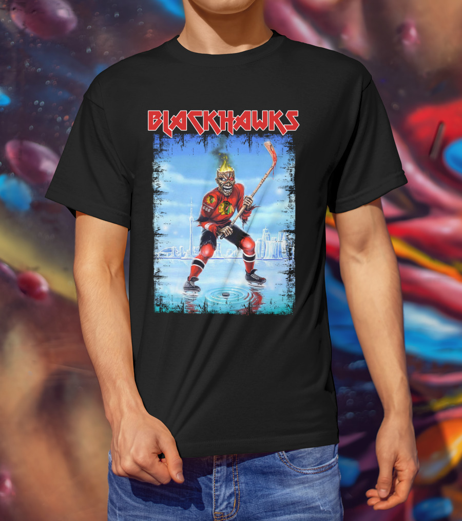 Blackhawks Chicago Ice Hockey Skeleton Figure Skating On Cityscape T-Shirt