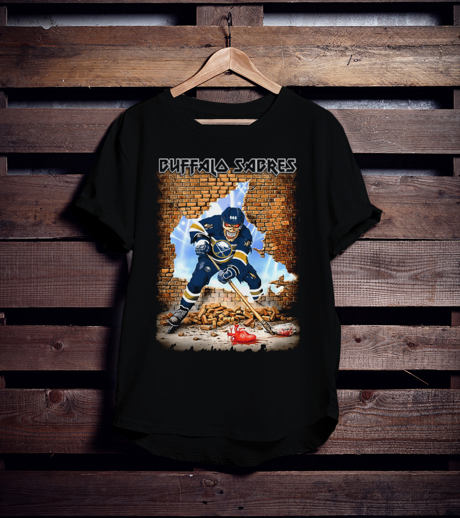 Buffalo Sabres Skeleton Hockey Player Breaking Brick Wall T-Shirt