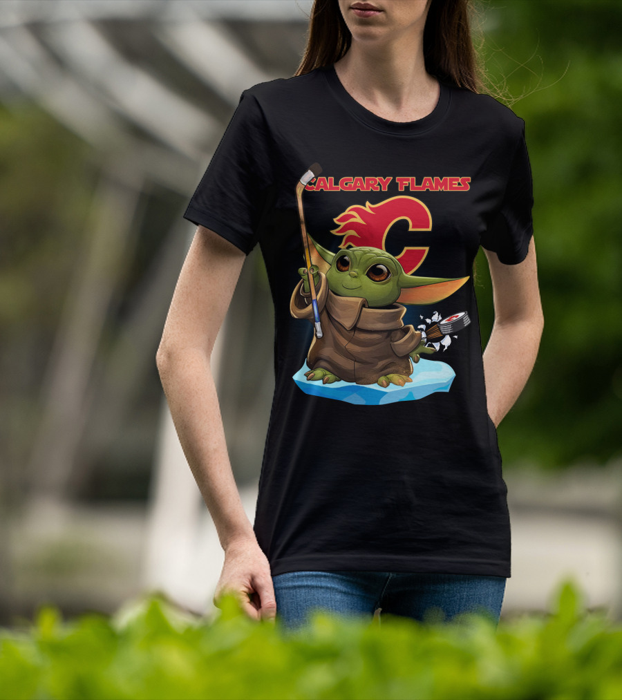 Calgary Flames Baby Yoda Hockey Puck T-Shirt