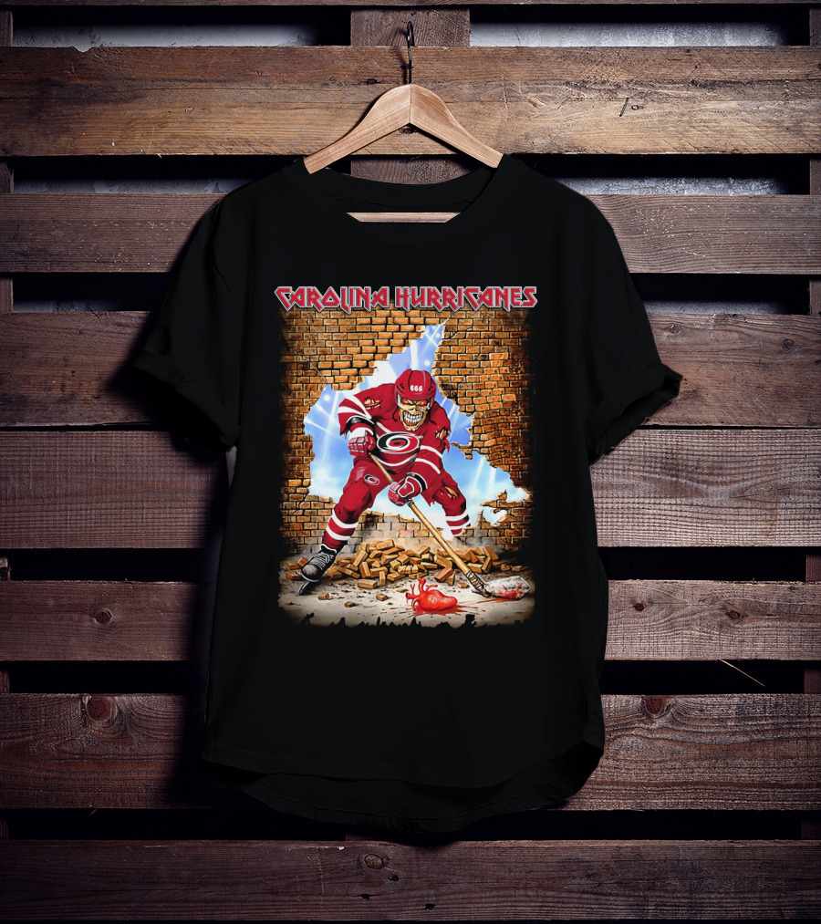 Carolina Hurricanes Skeleton Hockey Player Brick Wall T-Shirt