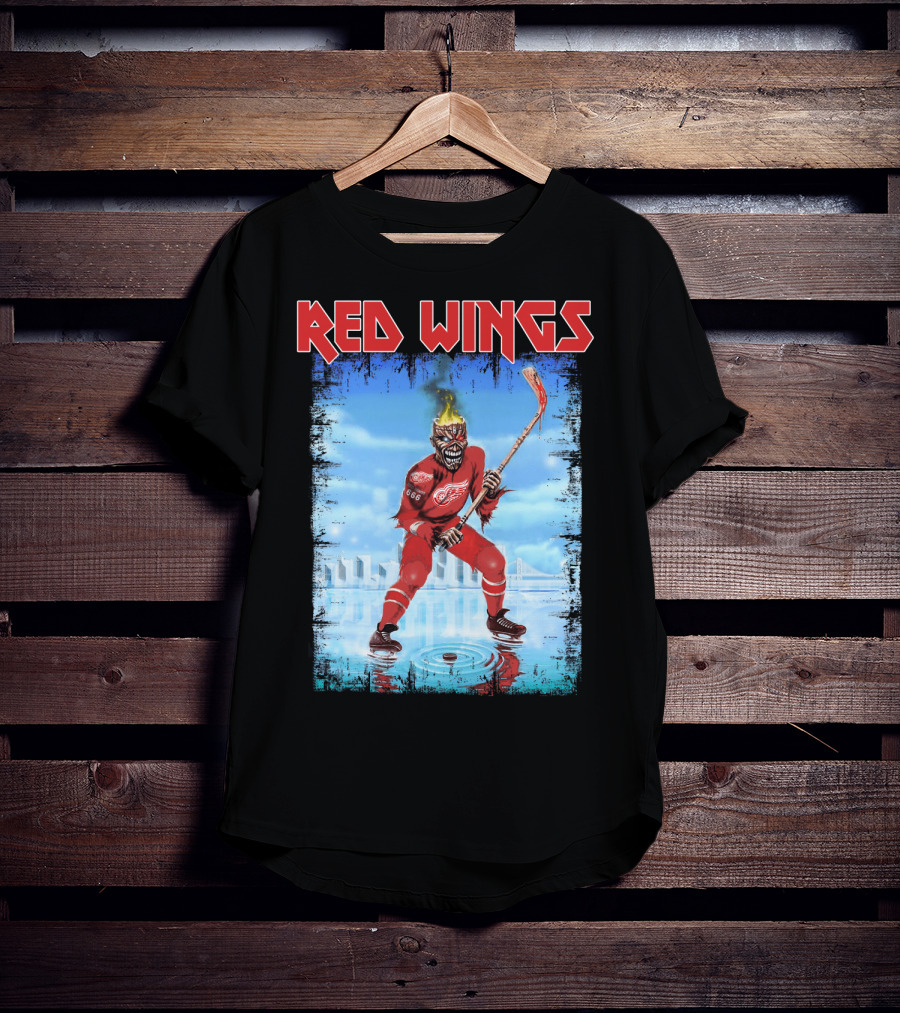 Red Wings Flaming Demon Hockey Player On Ice With Detroit Cityscape T-Shirt