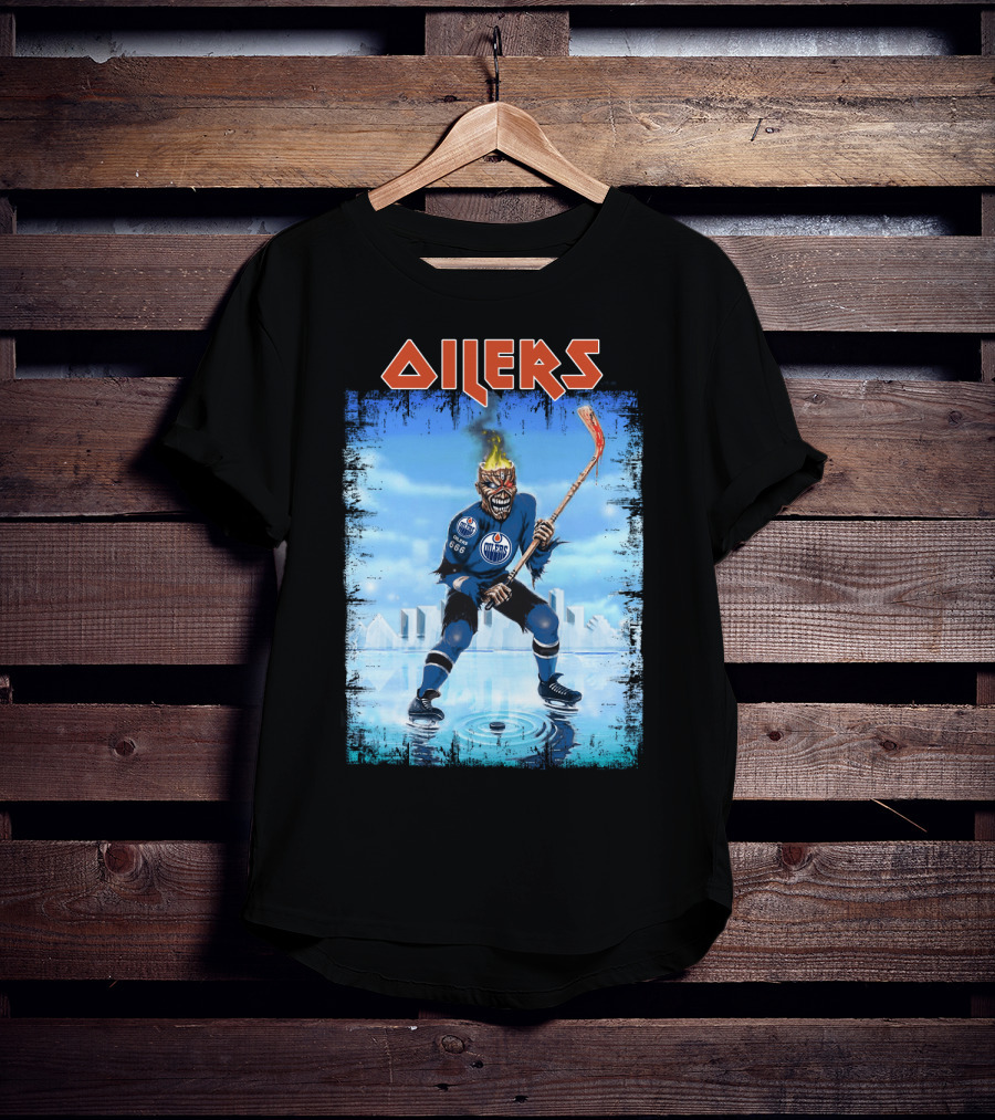 Oilers Edmonton Hockey Player With Fiery Skull And Hockey Stick T-Shirt