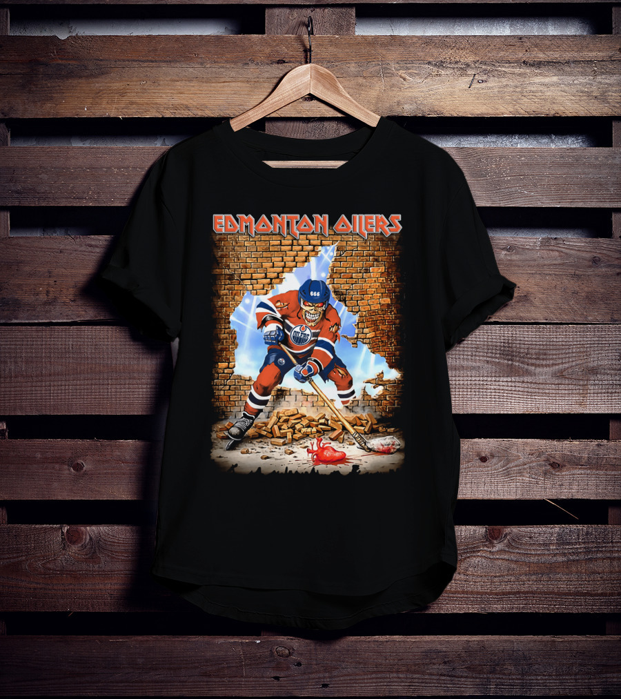 Edmonton Oilers Hockey Skeleton Breaks Through Brick Wall T-Shirt
