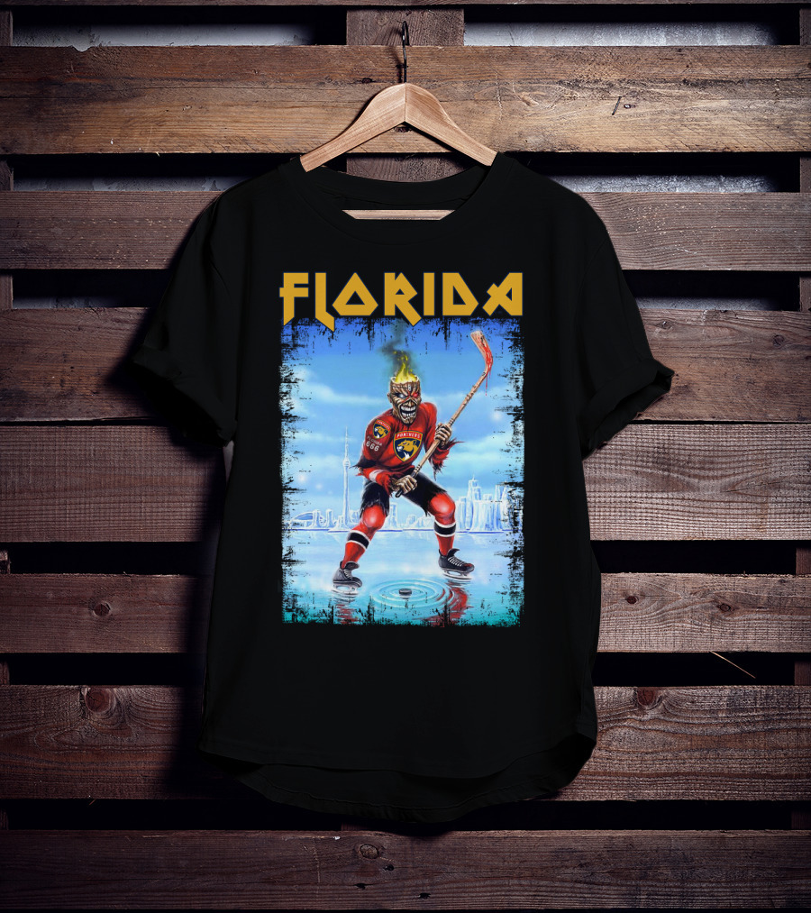 Florida Panthers Hockey Florida Ice Skeleton Hockey Player Flames T-Shirt