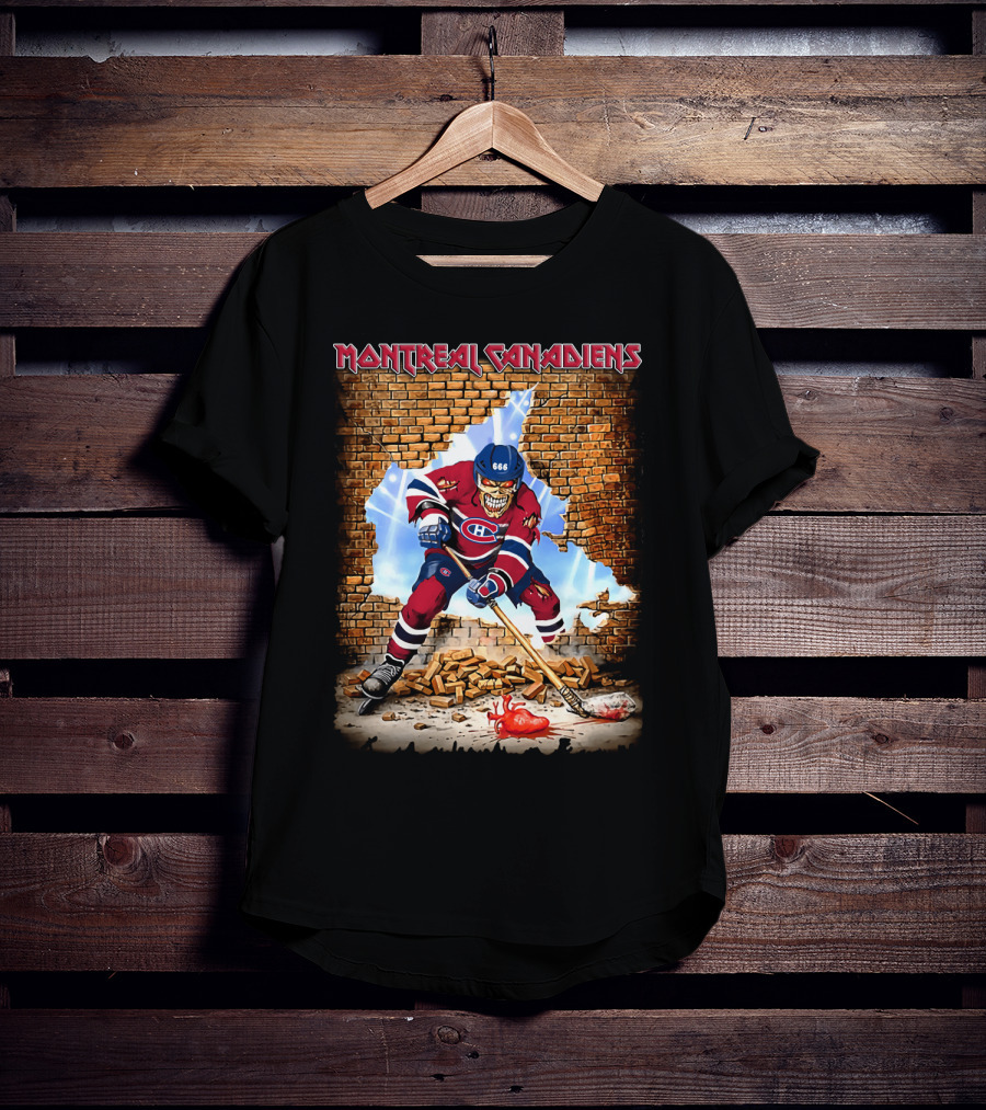 Montreal Canadiens Hockey Skeleton In Brick Wall Breakthrough With Stick And Puck T-Shirt