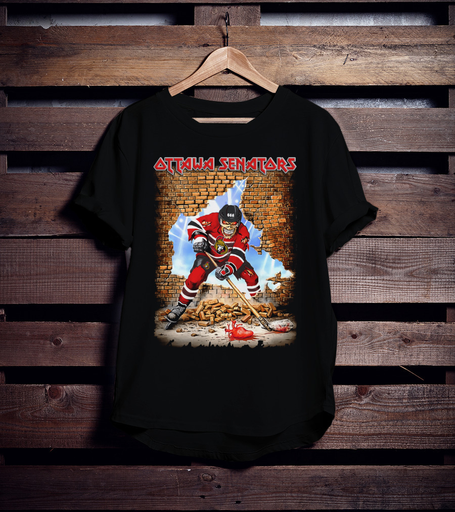 Ottawa Senators Hockey Skeleton Breaking Wall With 666 Helmet T-Shirt