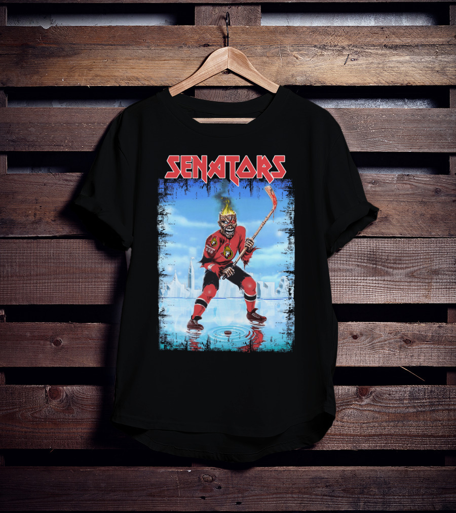 Senators Hockey Skeleton With Flaming Head And Hockey Stick T-Shirt